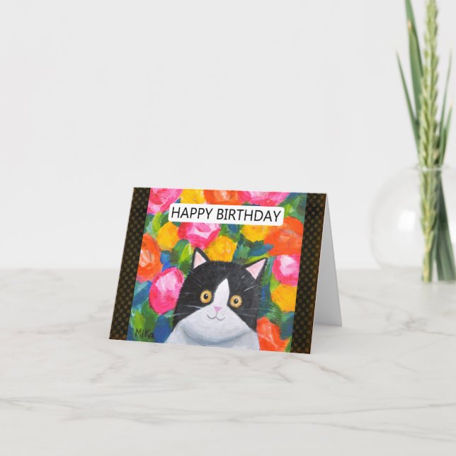 Bright Happy Floral Tuxedo Cat Art Lover Birthday Card (Front)