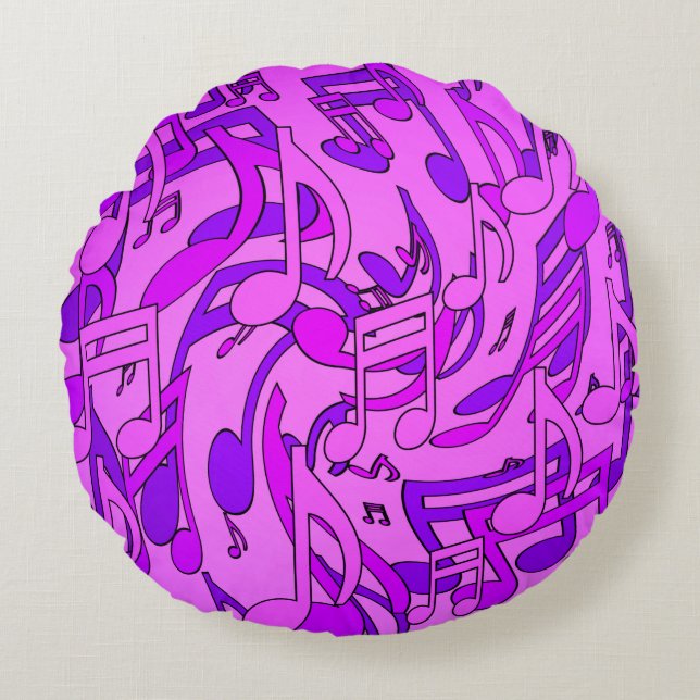 Bright Happy Purple Hues Dancing Music Notes Round Pillow (Front)