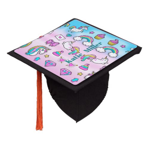 Bright Happy Unicorn PINK AQUA Mortar Board NAME Graduation Cap Topper