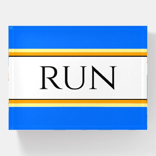 Bright Happy White Blue Sky Stripes Big RUN Text Paperweight