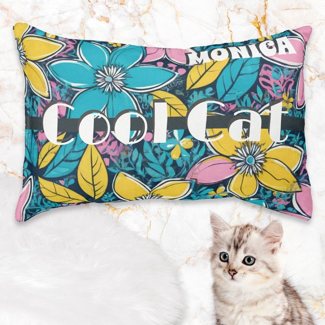 Bright Hippie Retro Flowers Groovy Cool Cat Pet Bed (A groovy bed for a 'Cool Cat' with hippie floral pattern, to personalize with your pet's name)