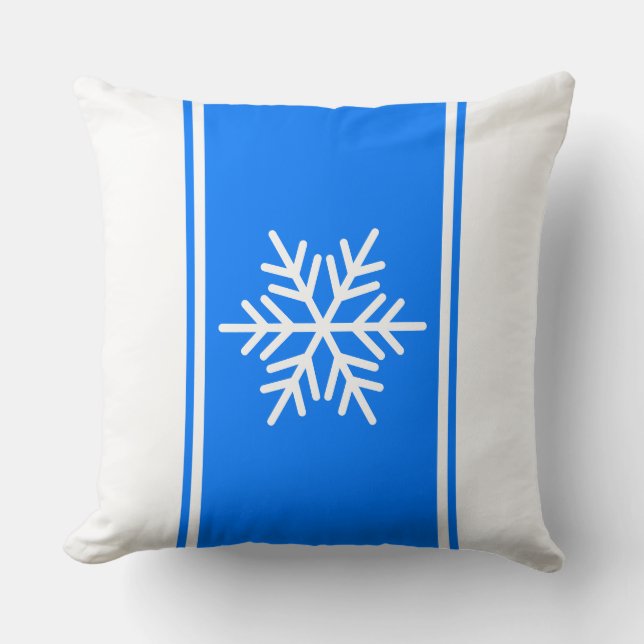 Bright Holiday Blue White Racing Stripes Snowflake Throw Pillow (Front)