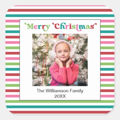 Bright Holiday Christmas Stripes Photo Template Square Sticker