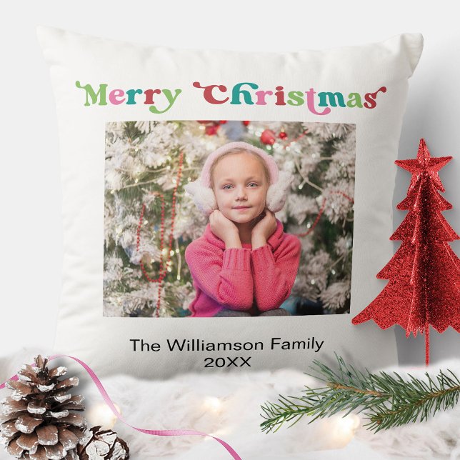 Bright Holiday Merry Christmas Typography Photo Throw Pillow (Creator Uploaded)