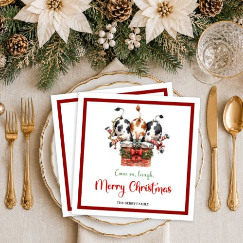 Bright Holiday quirky cow playful christmas napkin