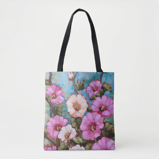 "Bright Hollyhocks" 16" x 16"  Tote Bag (Front)