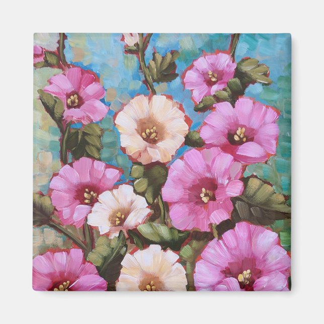 "Bright Hollyhocks" 2" Square Magnet (Front)