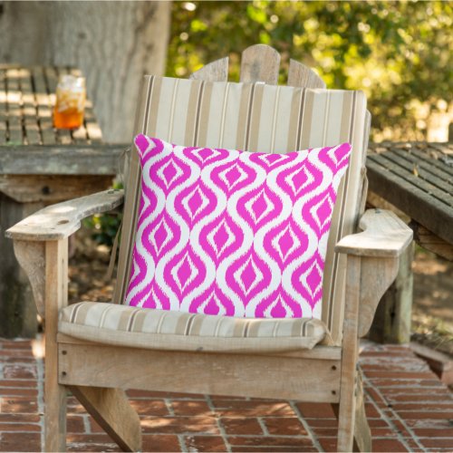 Bright Hot Neon Pink Retro Chic Ikat Ogee Pattern Outdoor Pillow