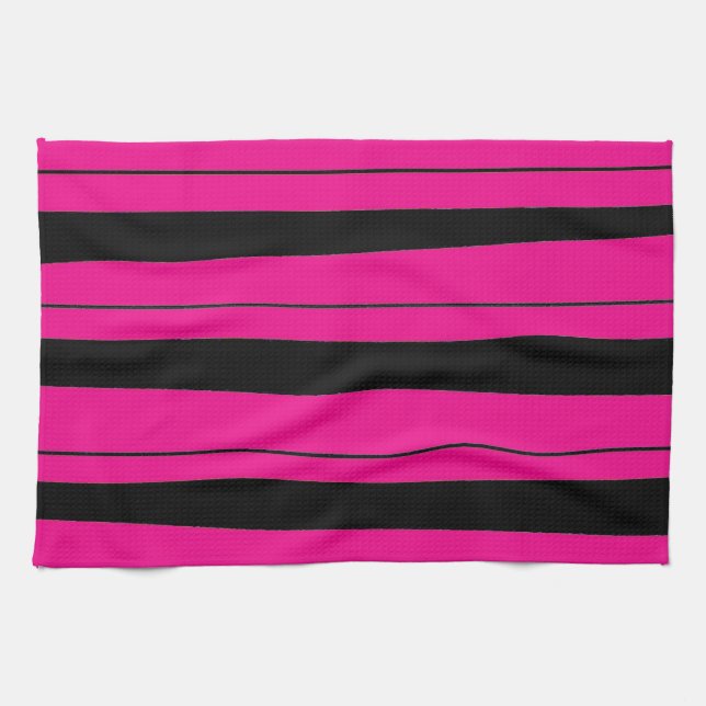 Bright hot pink and black striped pattern kitchen towel (Horizontal)