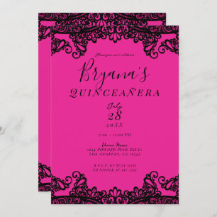 Bright Hot Pink Black Ink Lace 15th Quinceañera Invitation