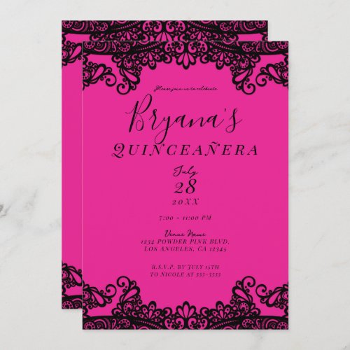 Bright Hot  Pink Black Ink Lace 15th Quinceaera  Invitation
