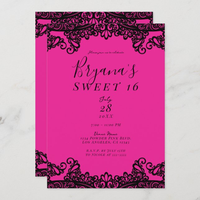 Bright Hot Pink Black Ink Lace Sweet 16 Party  Invitation (Front/Back)