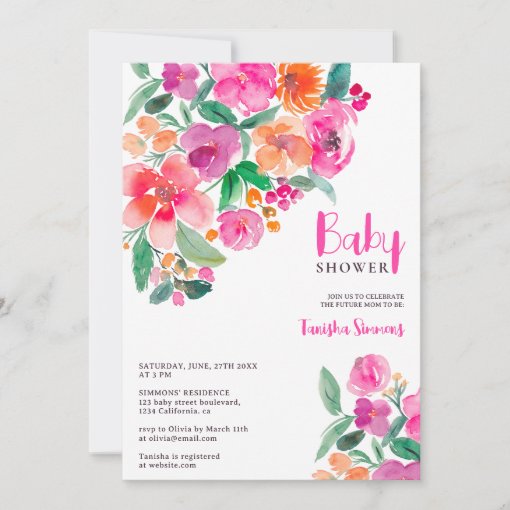 Bright hot pink fall floral script baby shower invitation | Zazzle