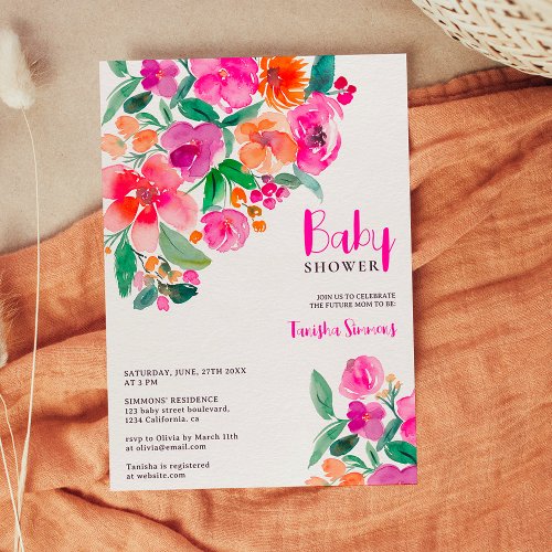 Bright hot pink fall floral script baby shower invitation