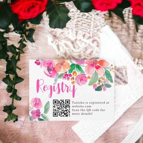 Bright hot pink fall floral script bridal registry enclosure card
