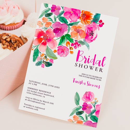 Bright hot pink fall floral script bridal shower invitation