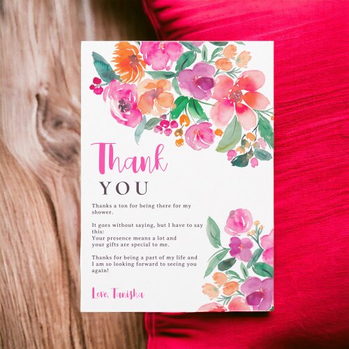 Bright hot pink fall floral script bridal shower thank you card