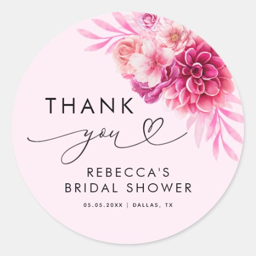 Bright Hot Pink Floral Bridal Shower Thank You  Classic Round Sticker