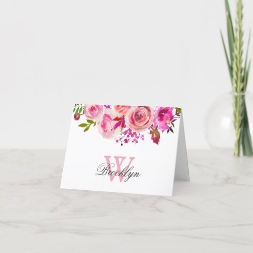 Bright Hot Pink Floral Monogrammed Note Card
