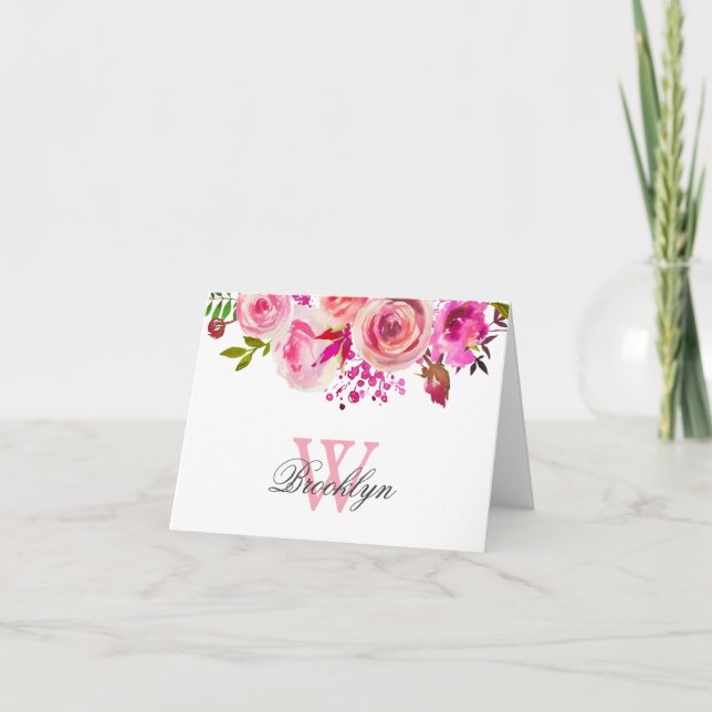 Bright Hot Pink Floral Monogrammed Note Card (Front)