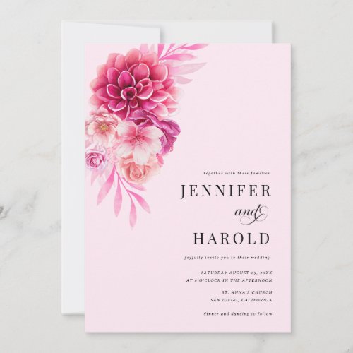 Bright Hot Pink Floral QR Code All in One Wedding Invitation