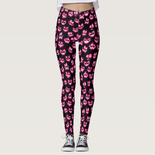 Bright Hot Pink Halloween Pumpkin Faces on Black Leggings