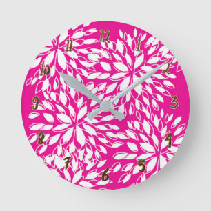Bright Hot Pink Modern Floral Personalized Round Clock