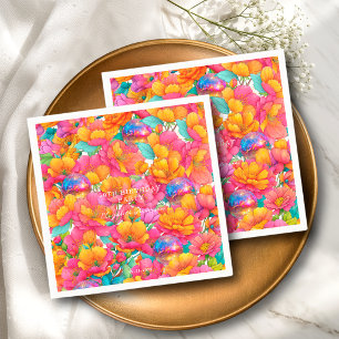 Bright Hot Pink Orange Floral Disco Ball Birthday Napkins