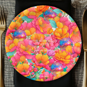 Bright Hot Pink Orange Floral Disco Ball Birthday Paper Plates