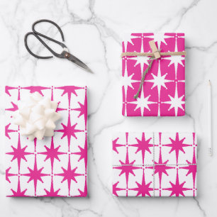Bright Hot Pink Retro Starburst Pattern Wrapping Paper Sheets