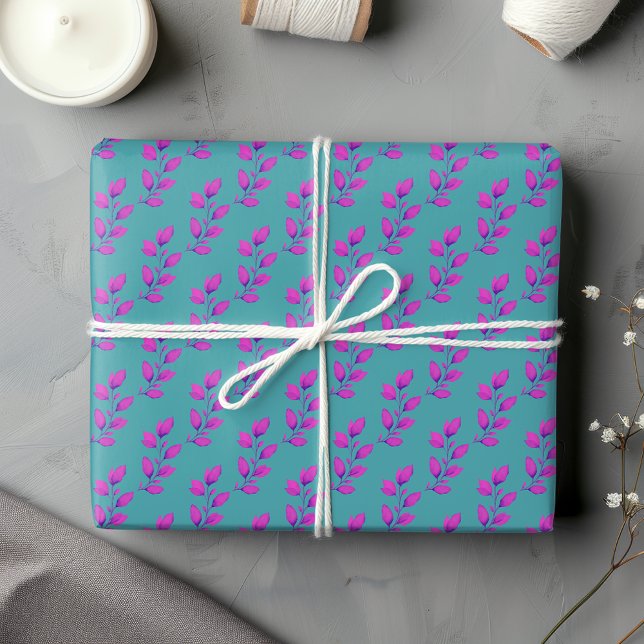 Bright Hot Pink & Turquoise Watercolor Botanical Wrapping Paper Sheets (Creator Uploaded)