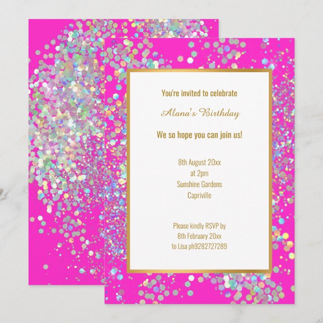 BRIGHT HOT PINK WHITE HOLOGRAPHIC SPOT  INVITATION (Front/Back)
