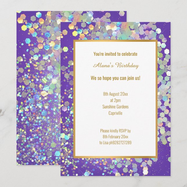 BRIGHT HOT PURPLE HOLOGRAPHIC SPOT  INVITATION (Front/Back)