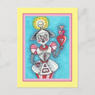 BRIGHT IDEA GIRL ROBOT, COLORFUL MECHANICAL HEARTS HOLIDAY POSTCARD