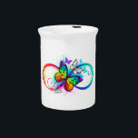 Bright infinity with rainbow butterfly beverage pitcher<br><div class="desc">Multicolor,  bright,  symbol of infinity with rainbow,  detailed butterfly monarch. Rainbow butterfly. Rainbow infinity.</div>