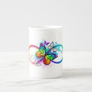 Bright infinity with rainbow butterfly bone china mug
