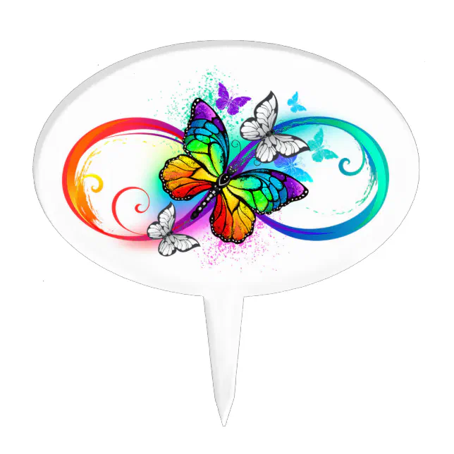 Vibrant infinity with rainbow butterfly on black cake topper