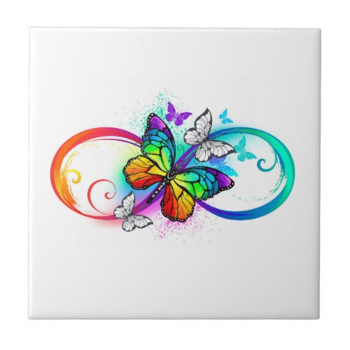Bright infinity with rainbow butterfly ceramic tile