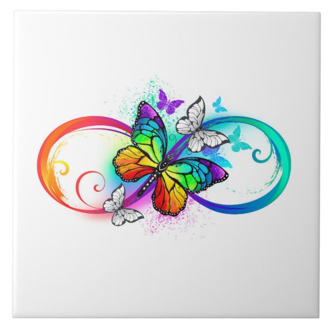 Bright infinity with rainbow butterfly ceramic tile (Front)