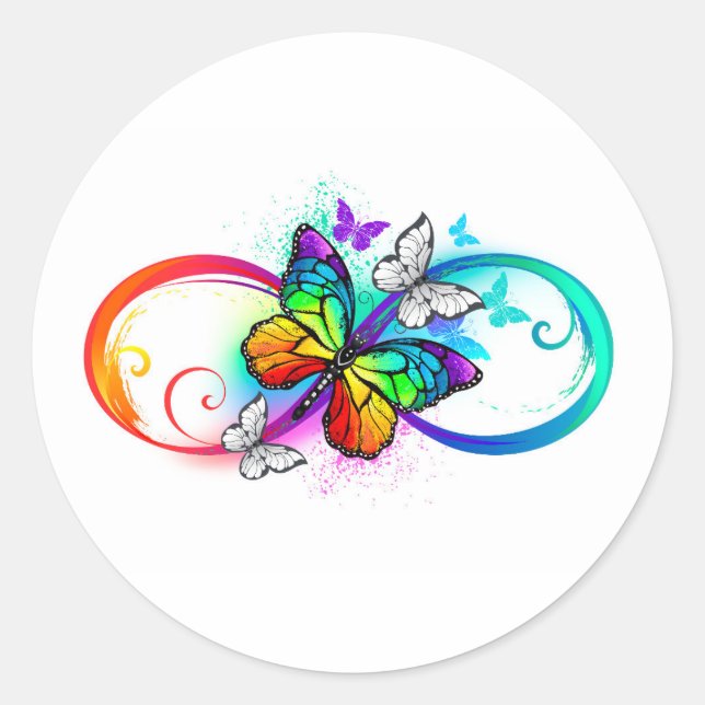 Bright infinity with rainbow butterfly classic round sticker (Front)
