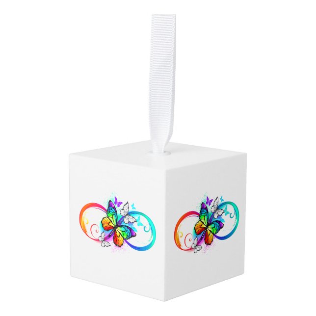 Bright infinity with rainbow butterfly cube ornament (Front Angled)