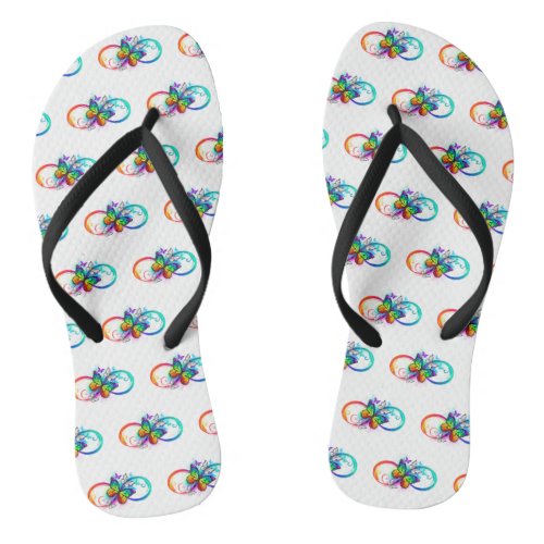 Bright infinity with rainbow butterfly flip flops