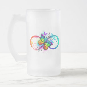 Bright infinity with rainbow butterfly frosted glass beer mug