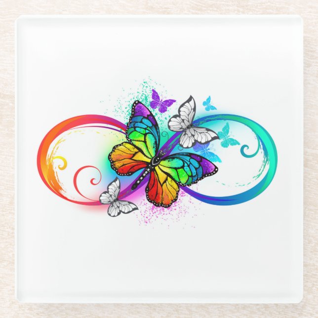 Bright infinity with rainbow butterfly glass coaster (Front)