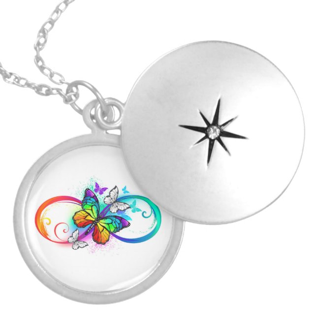 Bright infinity with rainbow butterfly locket necklace (Front)
