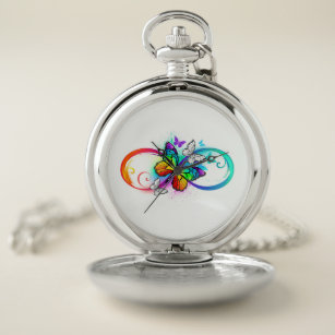 Bright infinity with rainbow butterfly pocket watch