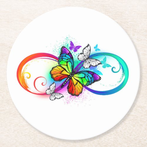 Bright infinity with rainbow butterfly round paper coaster