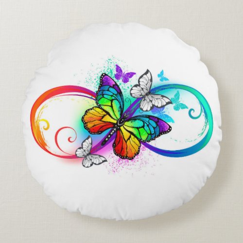 Bright infinity with rainbow butterfly round pillow