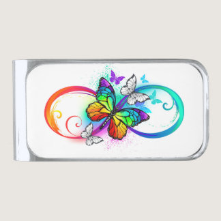 Bright infinity with rainbow butterfly silver finish money clip