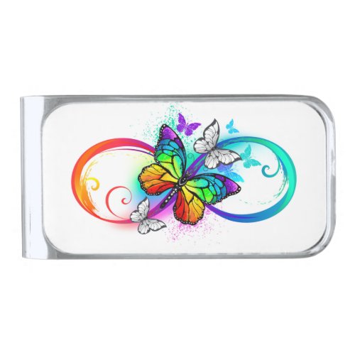 Bright infinity with rainbow butterfly silver finish money clip